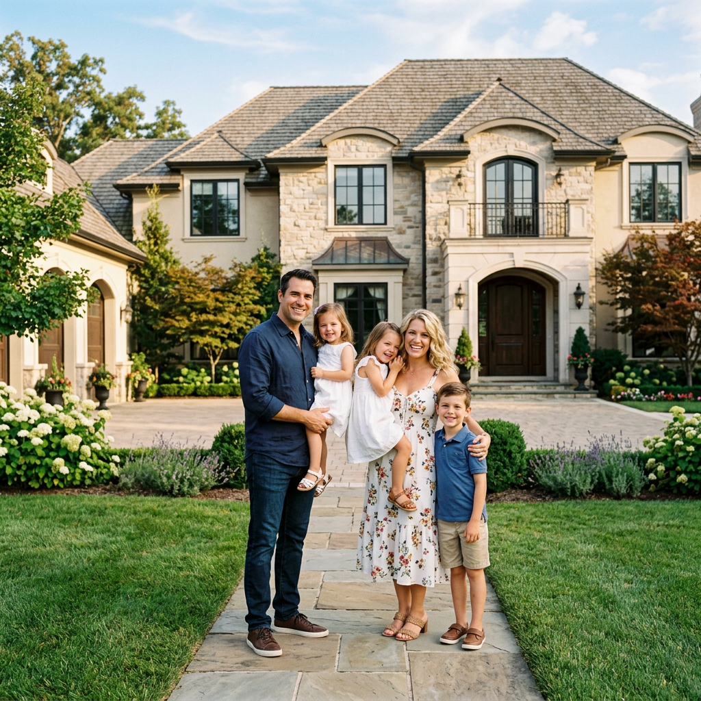 Family of two adults and three children standing on stone path outside large luxury house